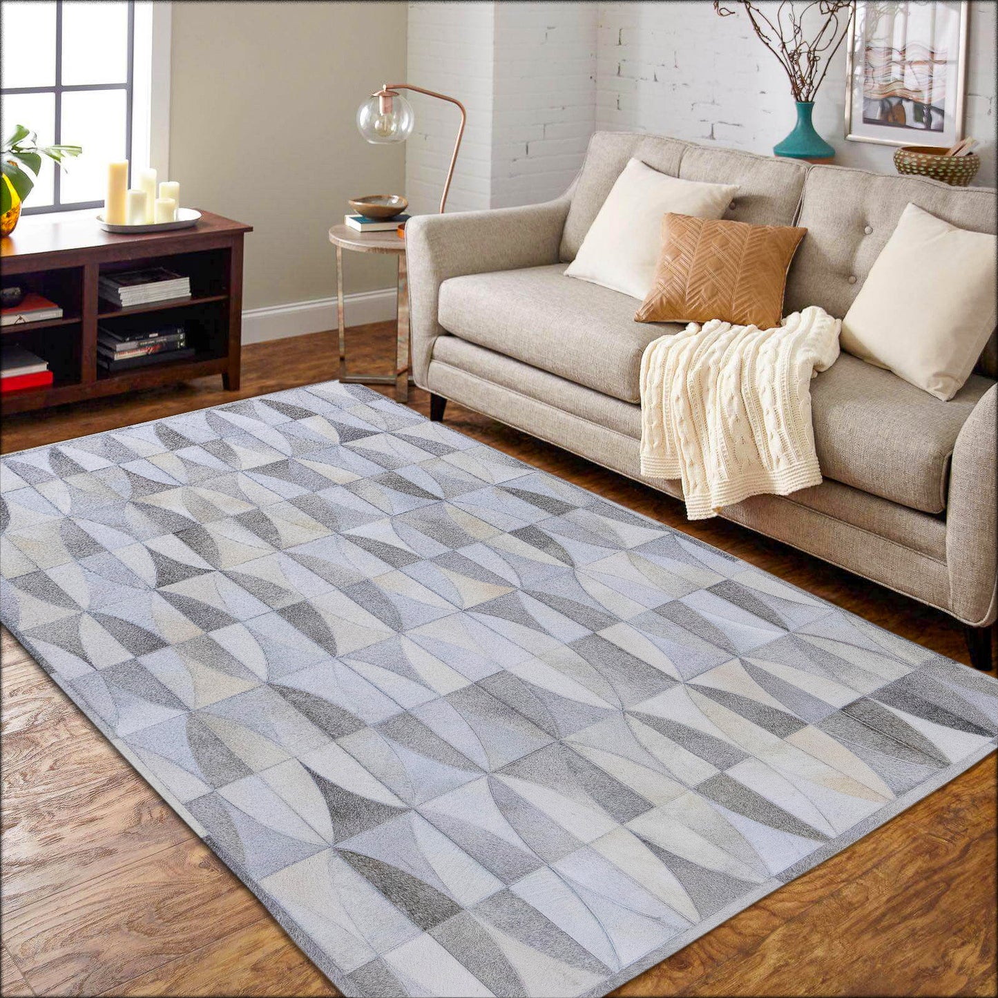 Handmade Beige and Grey Waverly Patterned Leather Area Rug