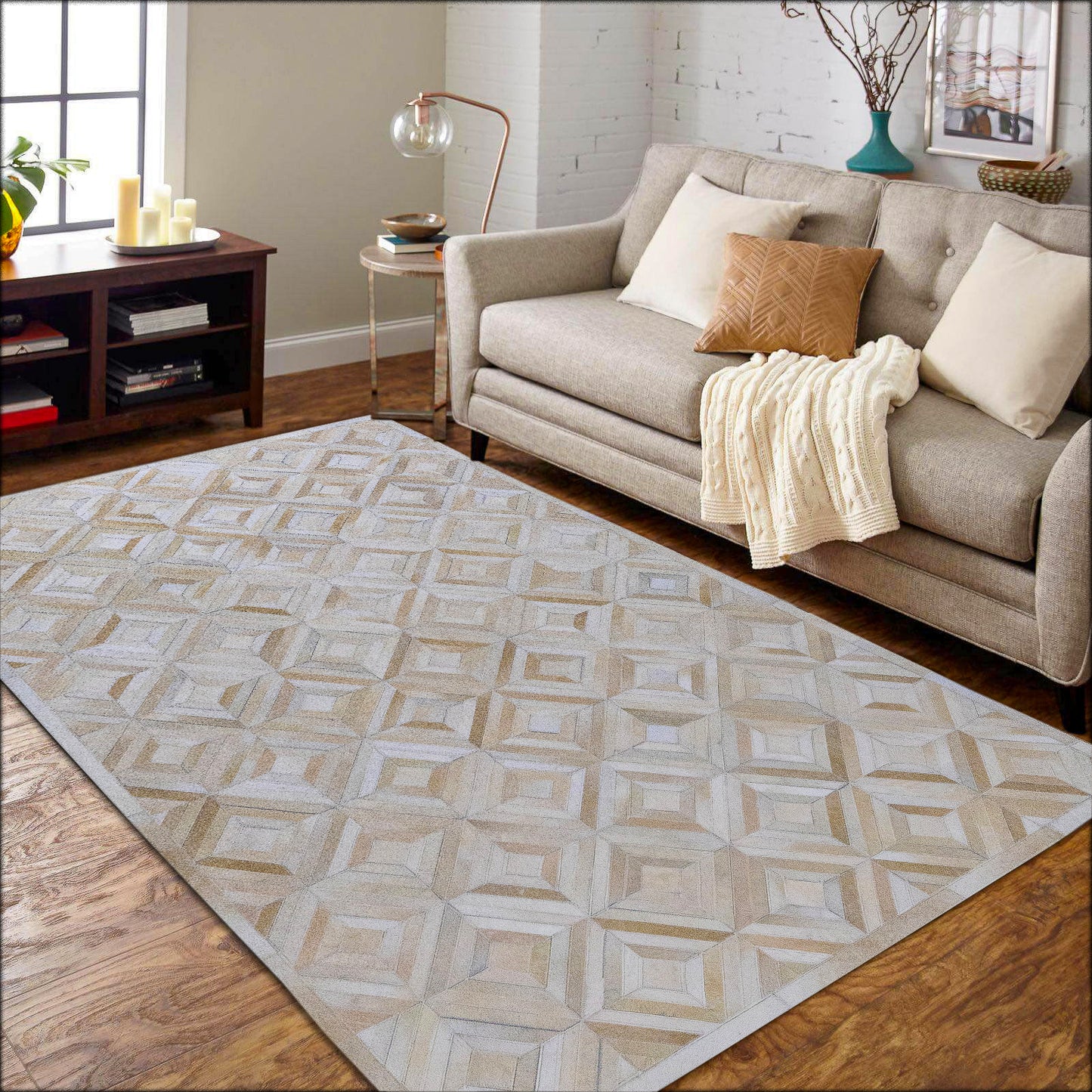 Hand-Stitched Ivory and Beige Geometric Leather Area Rug 