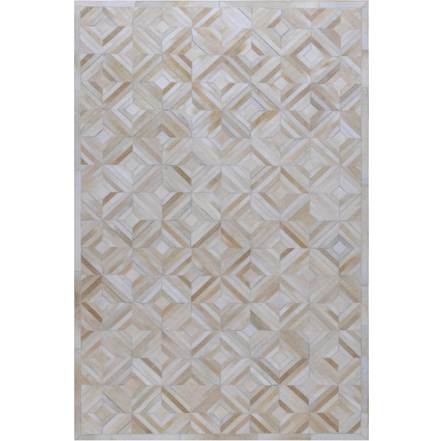 Hand-Stitched Ivory and Beige Geometric Leather Area Rug 