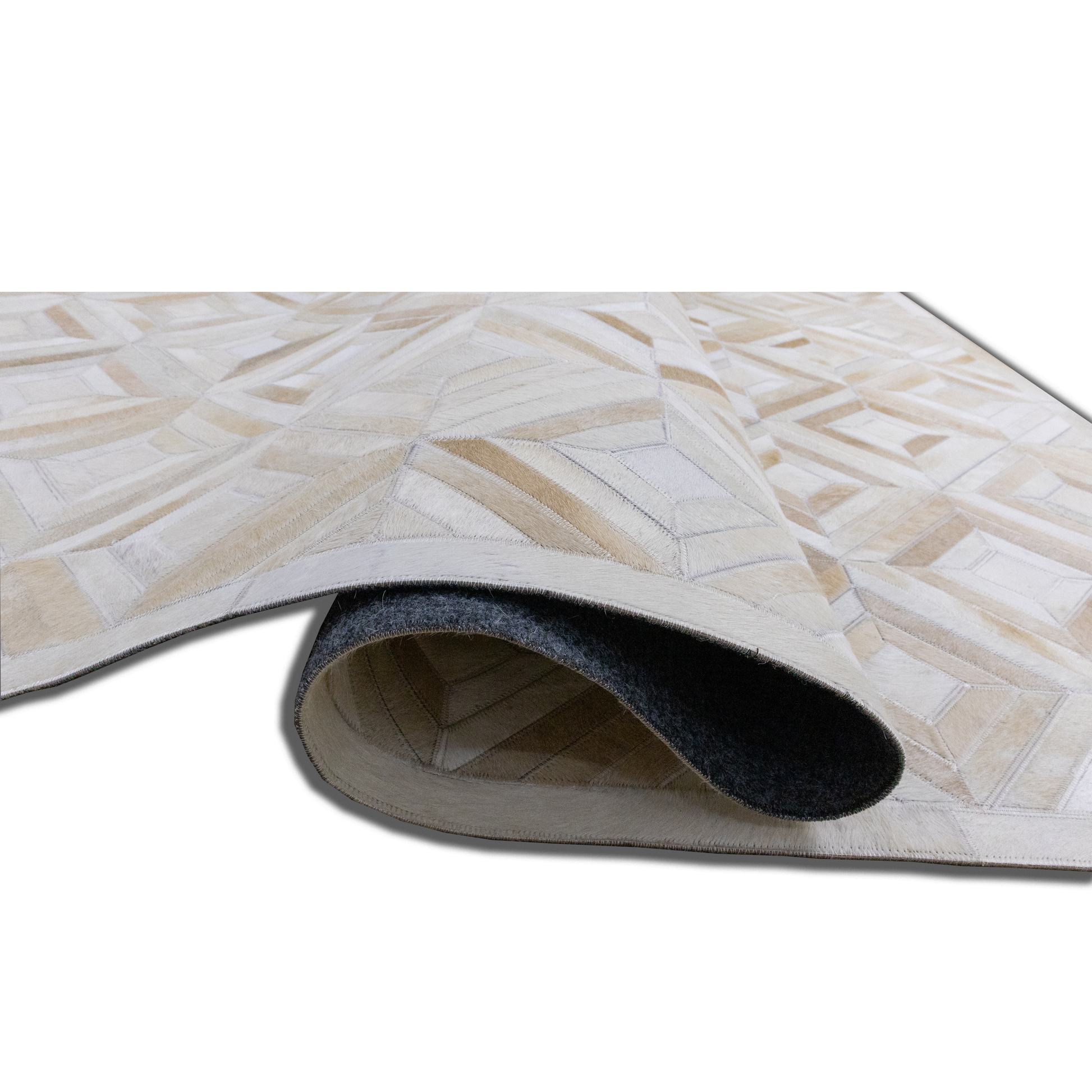 Hand-Stitched Ivory and Beige Geometric Leather Area Rug 