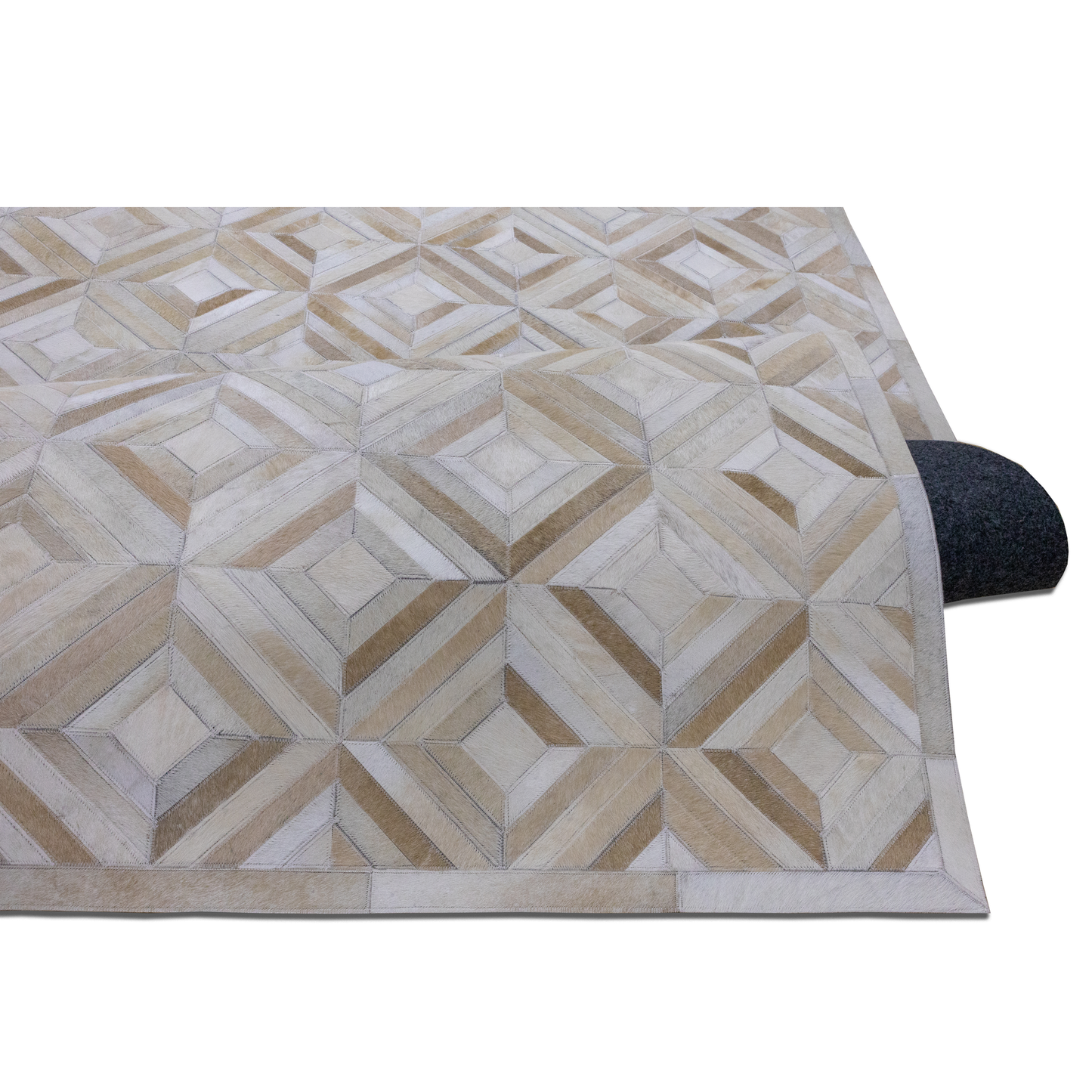 Hand-Stitched Ivory and Beige Geometric Leather Area Rug 