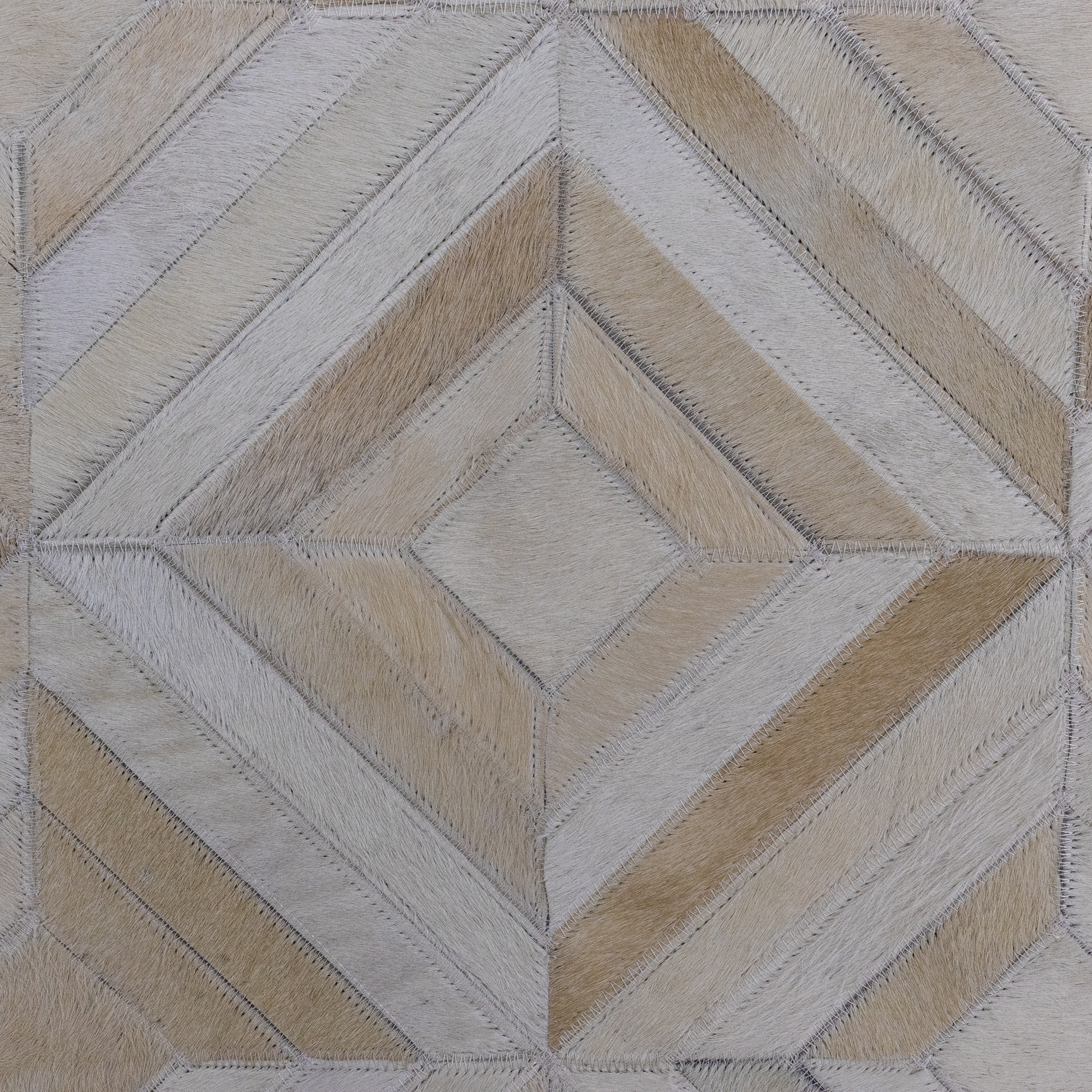 Hand-Stitched Ivory and Beige Geometric Leather Area Rug 