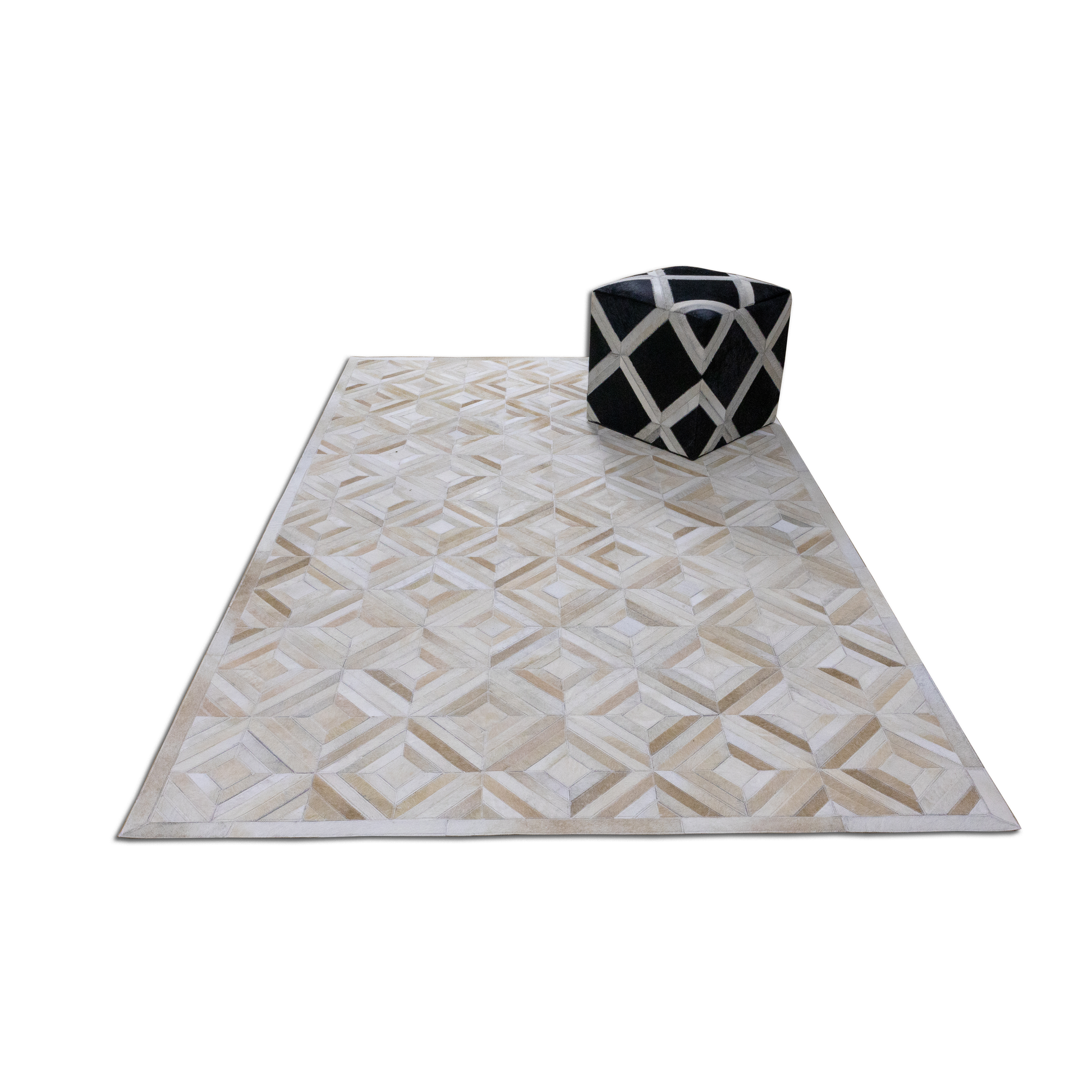 Hand-Stitched Ivory and Beige Geometric Leather Area Rug 