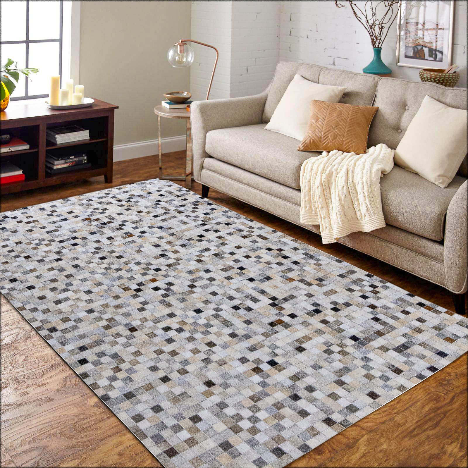 Hand-Stitched Beige, Grey and Brown Abstract Patchwork Leather Area Rug