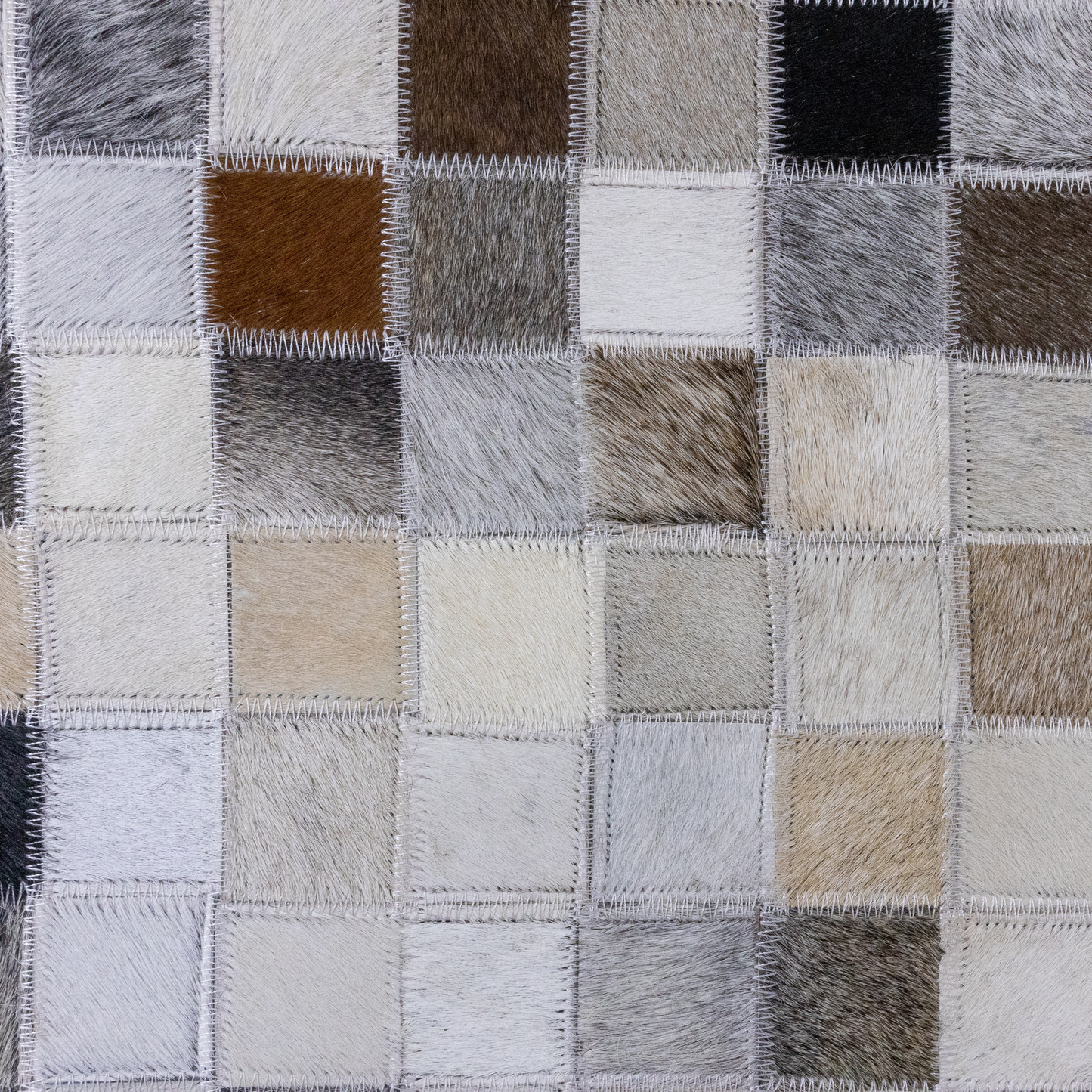 Hand-Stitched Beige, Grey and Brown Abstract Patchwork Leather Area Rug