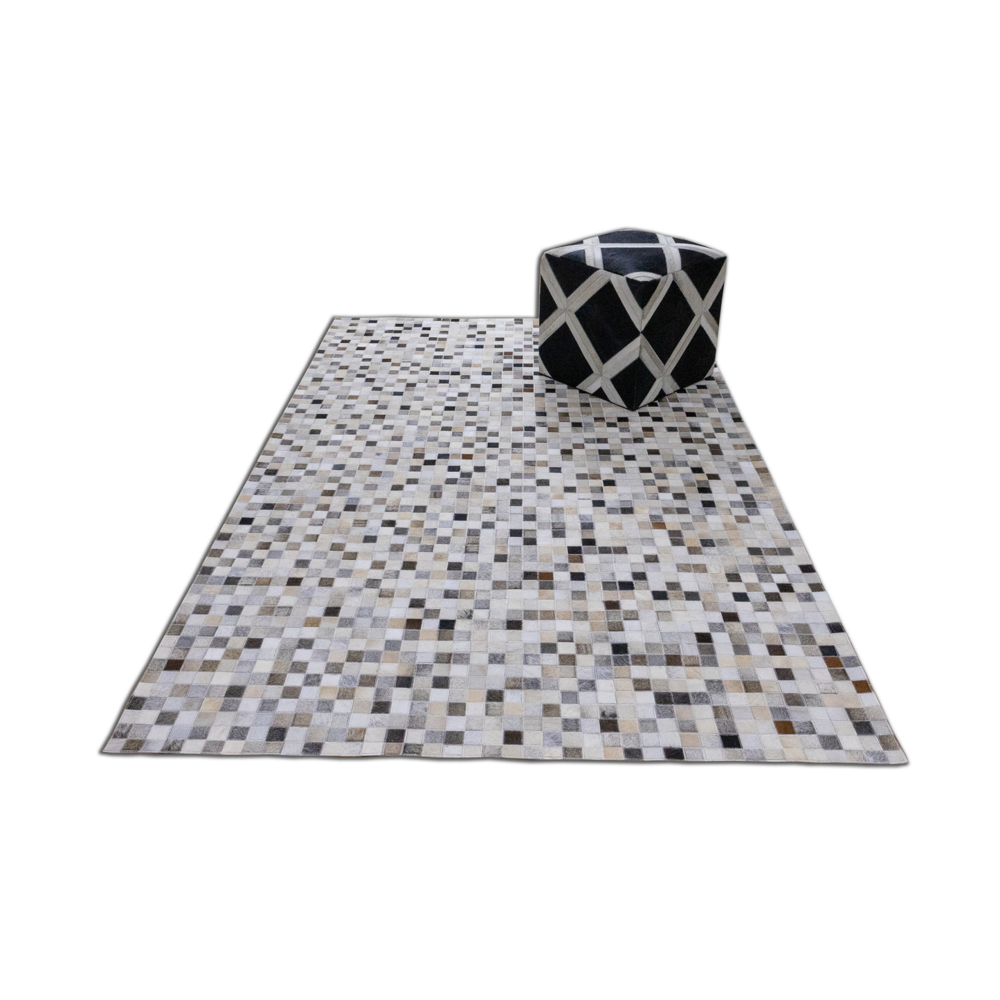 Hand-Stitched Beige, Grey and Brown Abstract Patchwork Leather Area Rug