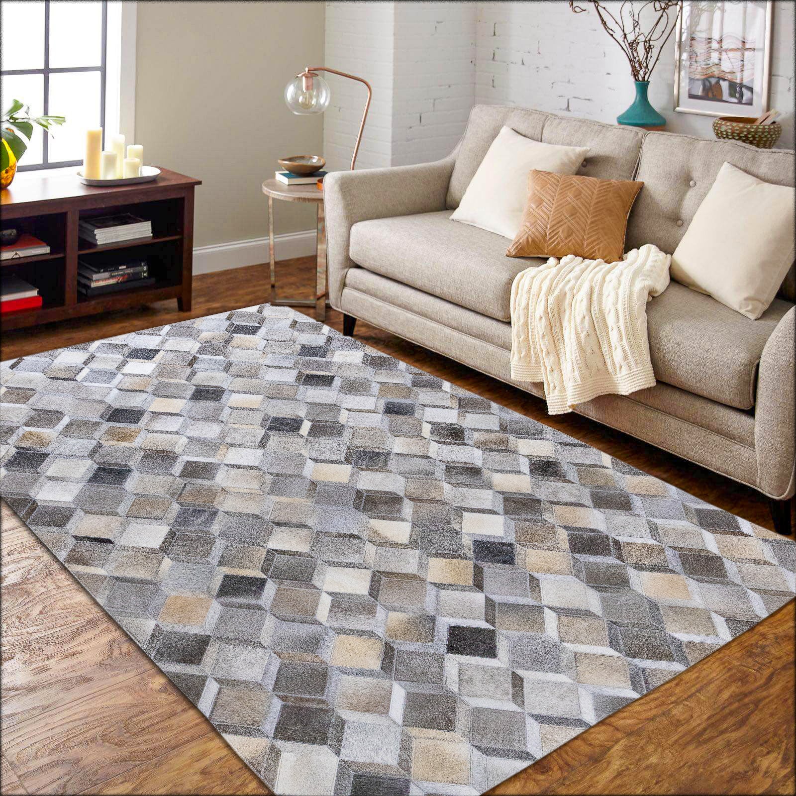 Hand-Stitched Beige and Grey Geometric Leather Area Rug