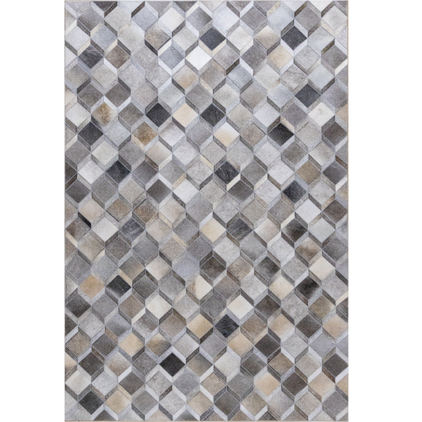 Hand-Stitched Beige and Grey Geometric Leather Area Rug