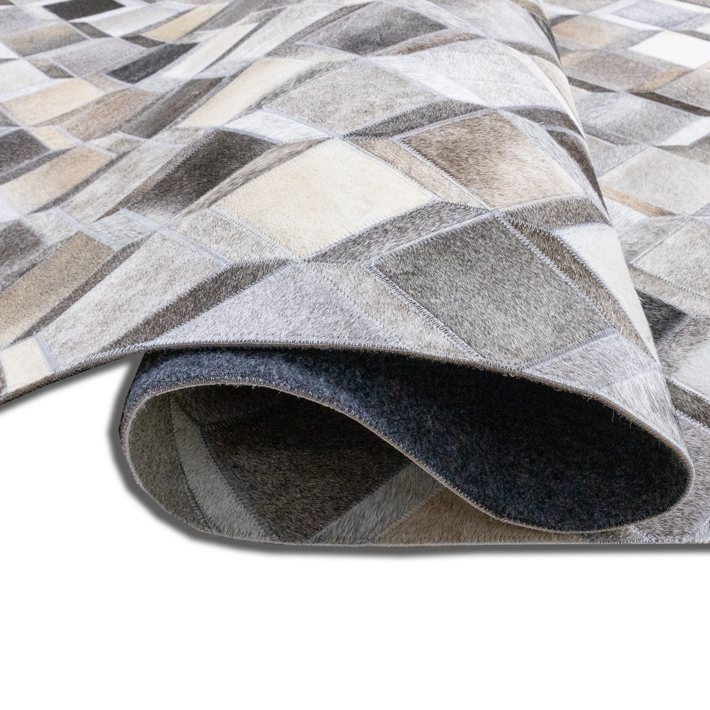 Hand-Stitched Beige and Grey Geometric Leather Area Rug