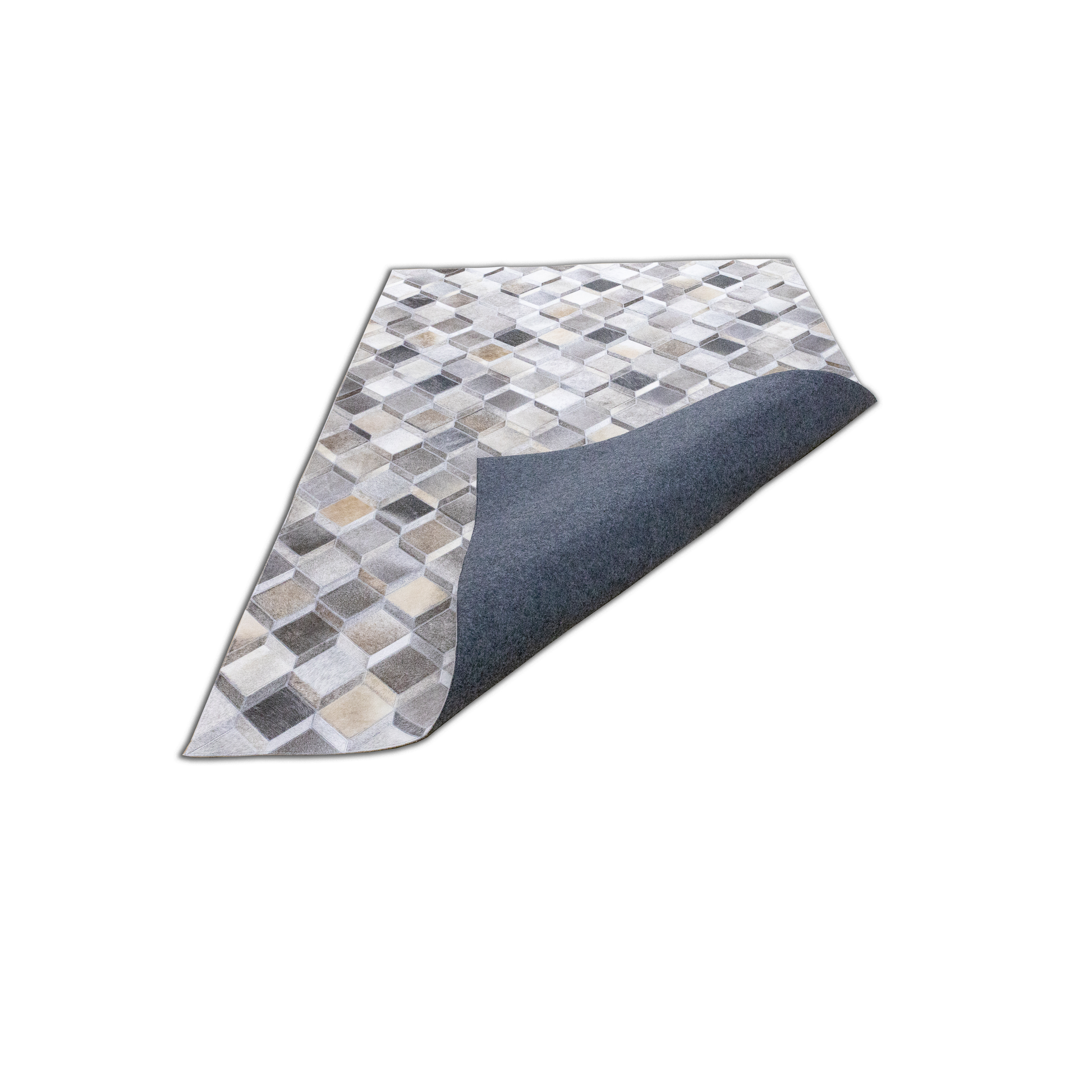 Hand-Stitched Beige and Grey Geometric Leather Area Rug