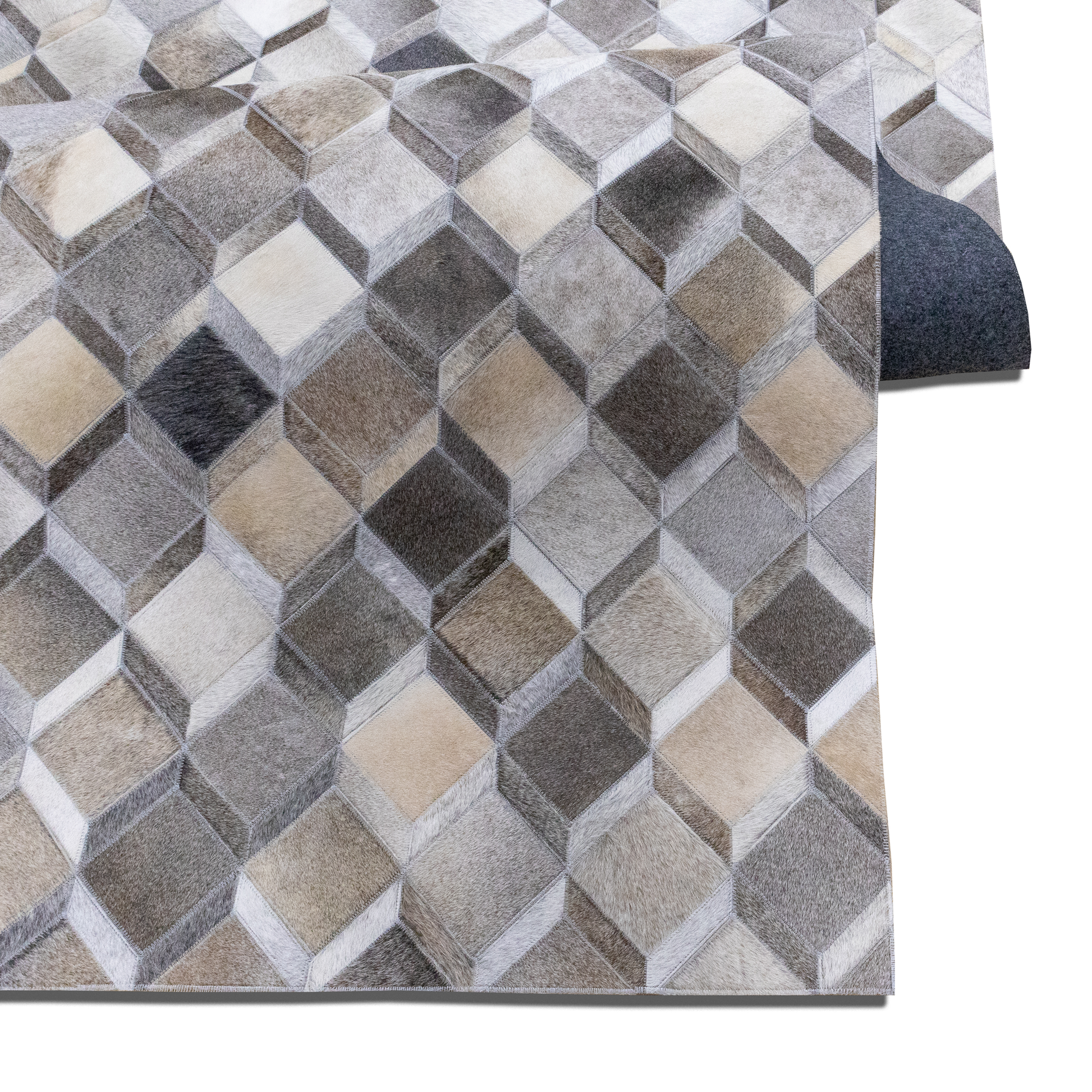 Hand-Stitched Beige and Grey Geometric Leather Area Rug