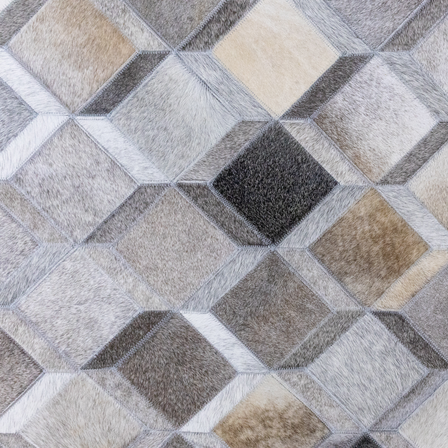 Hand-Stitched Beige and Grey Geometric Leather Area Rug