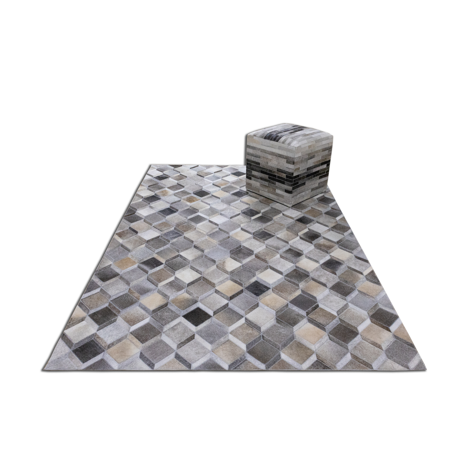 Hand-Stitched Beige and Grey Geometric Leather Area Rug