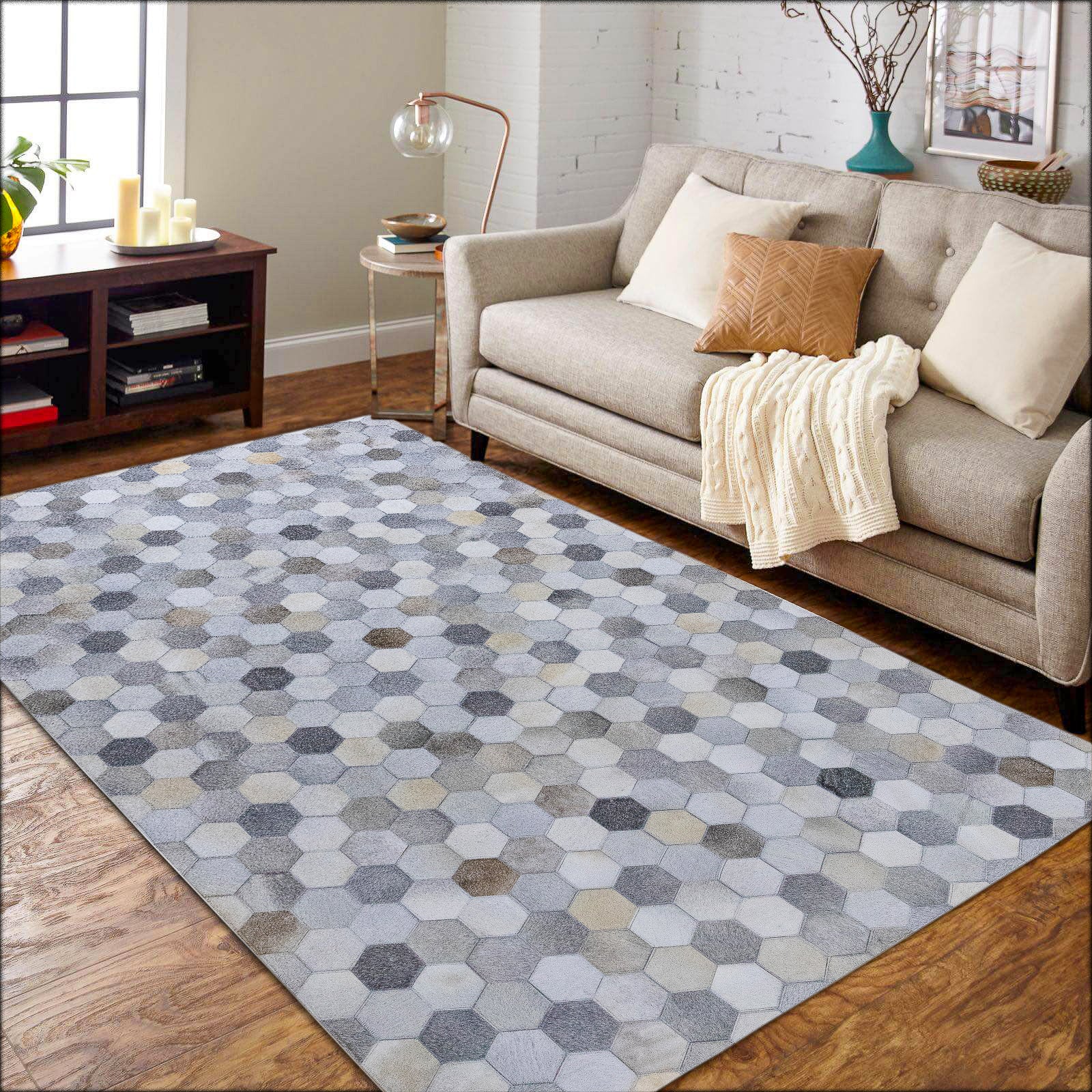 Handmade Grey Hexagon Patchwork Leather Area Rug 