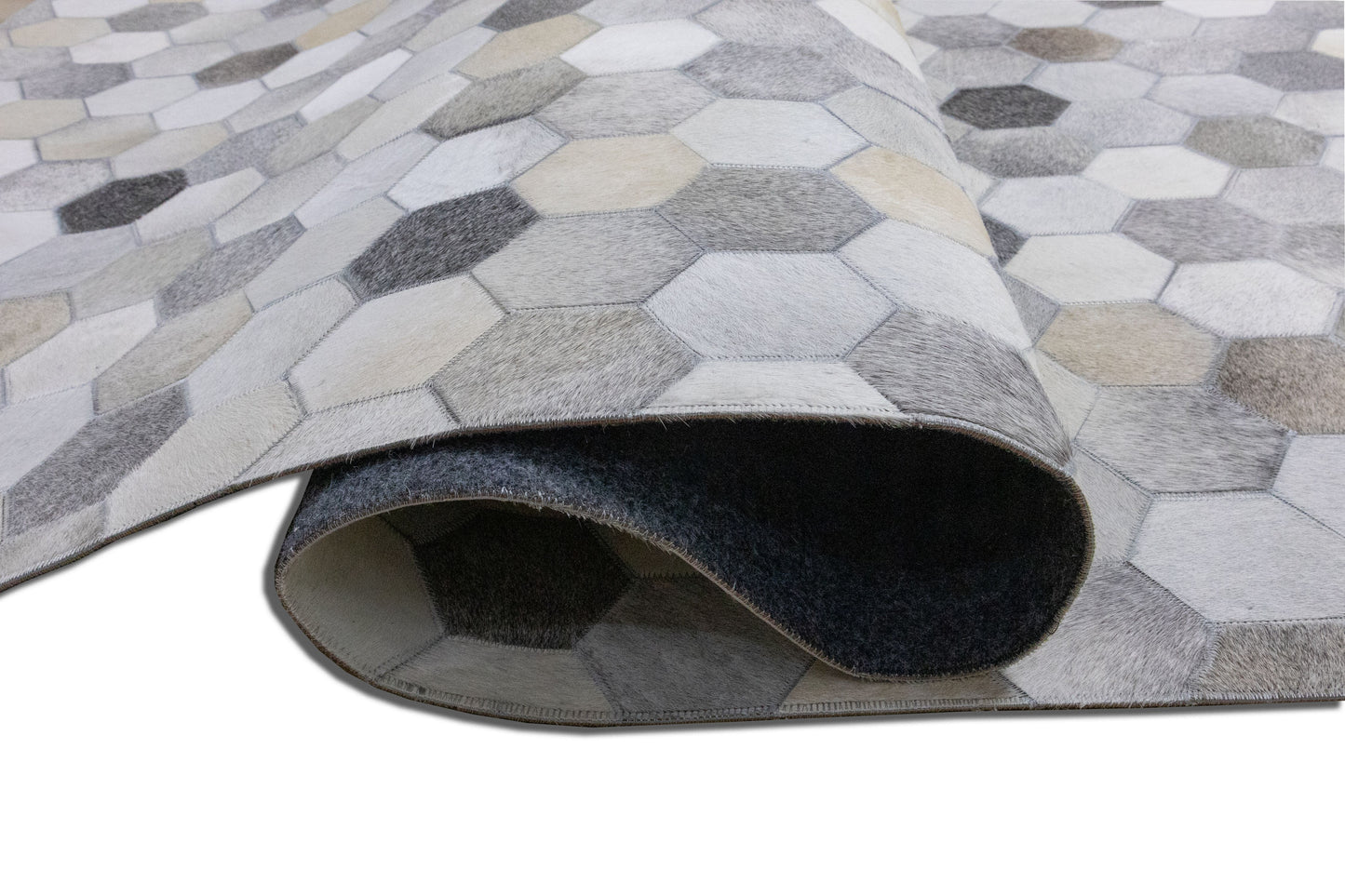 Handmade Grey Hexagon Patchwork Leather Area Rug 