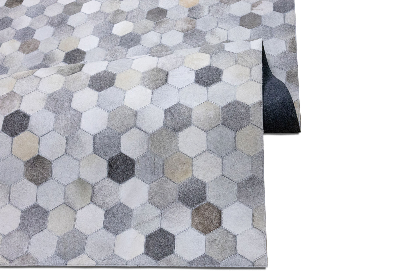 Handmade Grey Hexagon Patchwork Leather Area Rug 