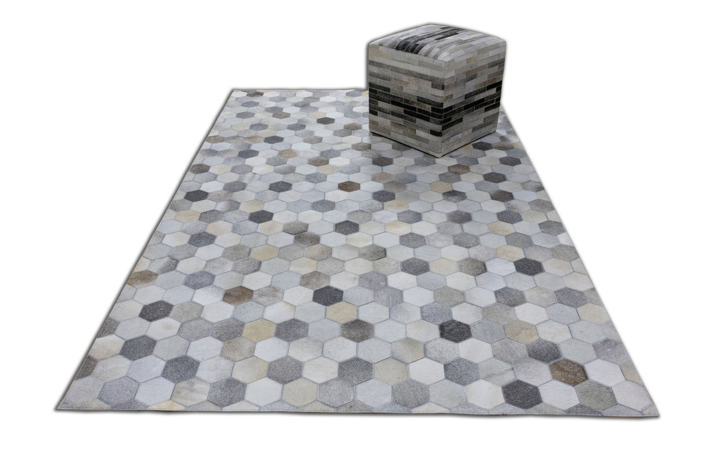 Handmade Grey Hexagon Patchwork Leather Area Rug 