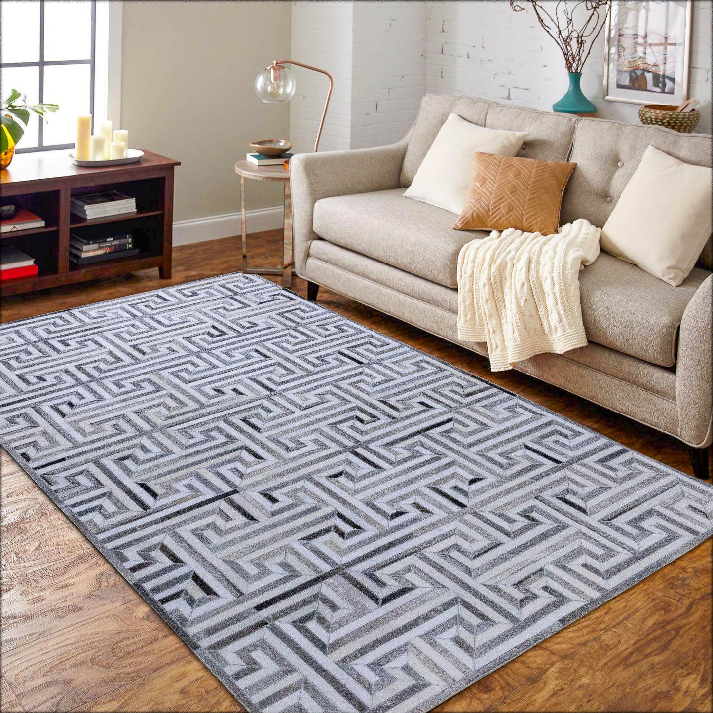 Handmade Ivory and Grey Pattern Geometric Leather Area Rug 