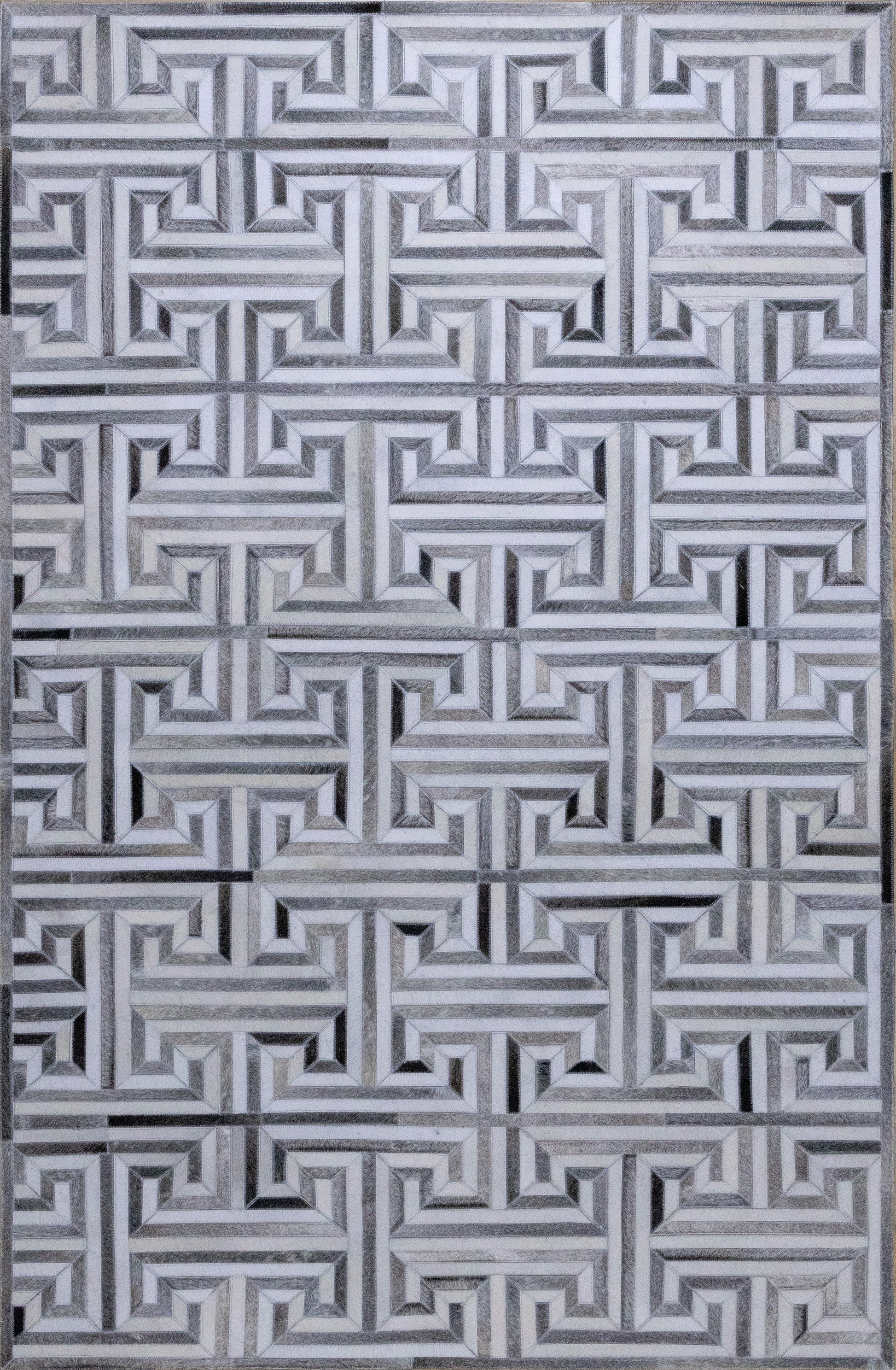 Handmade Ivory and Grey Pattern Geometric Leather Area Rug 