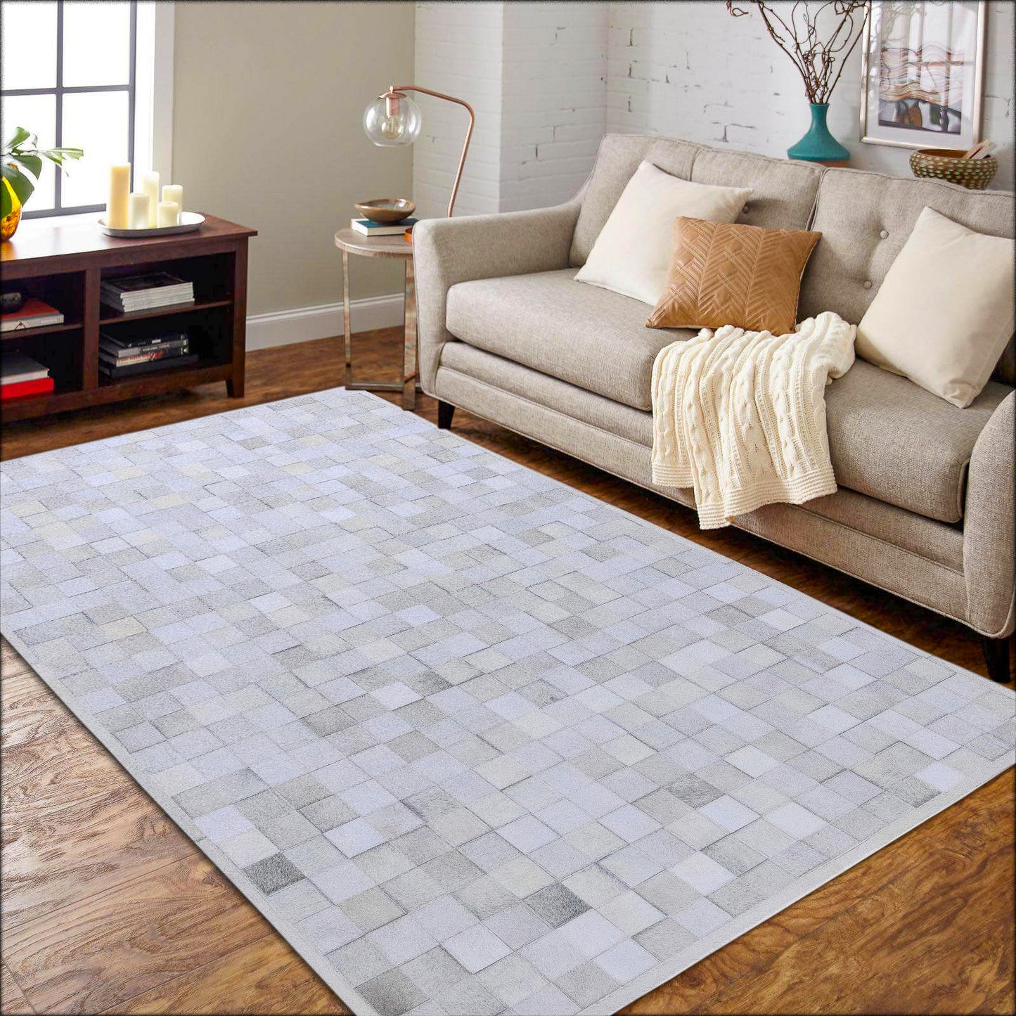 Handmade Ivory Patchwork Leather Area Rug