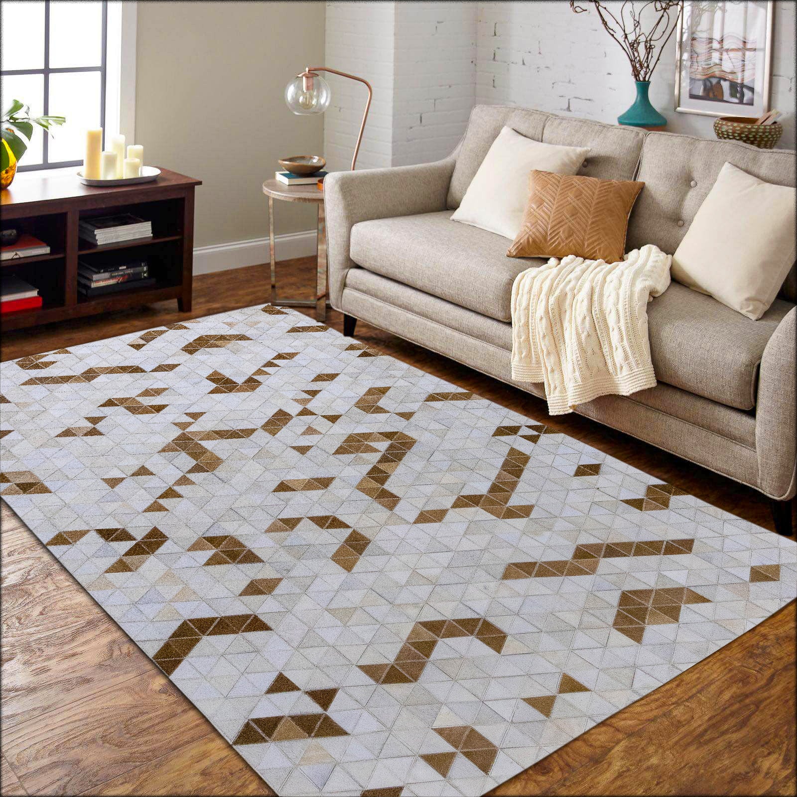 Hand-Stitched Brown and Beige Abstract Leather Area Rug