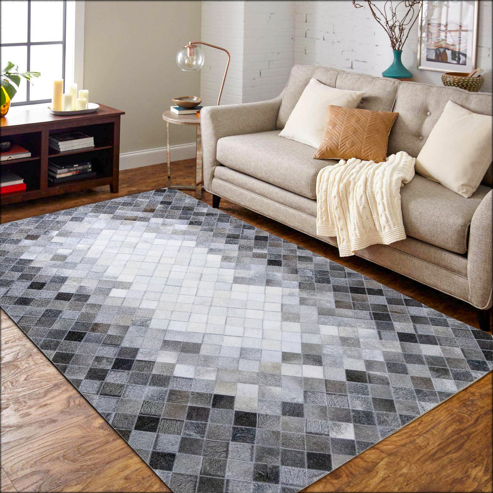 Handmade Grey Multi Shade Patchwork Leather Area Rug