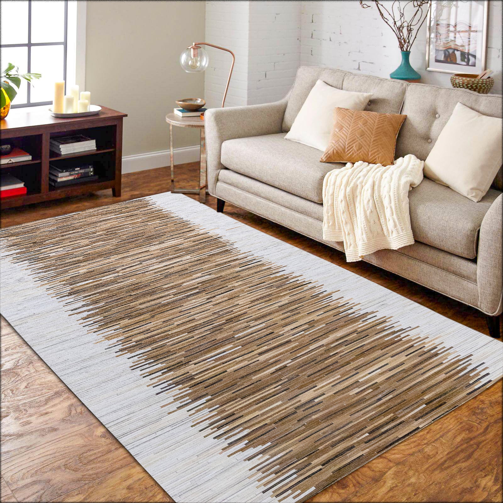 Handmade Brown & White Striped Leather Area Rug