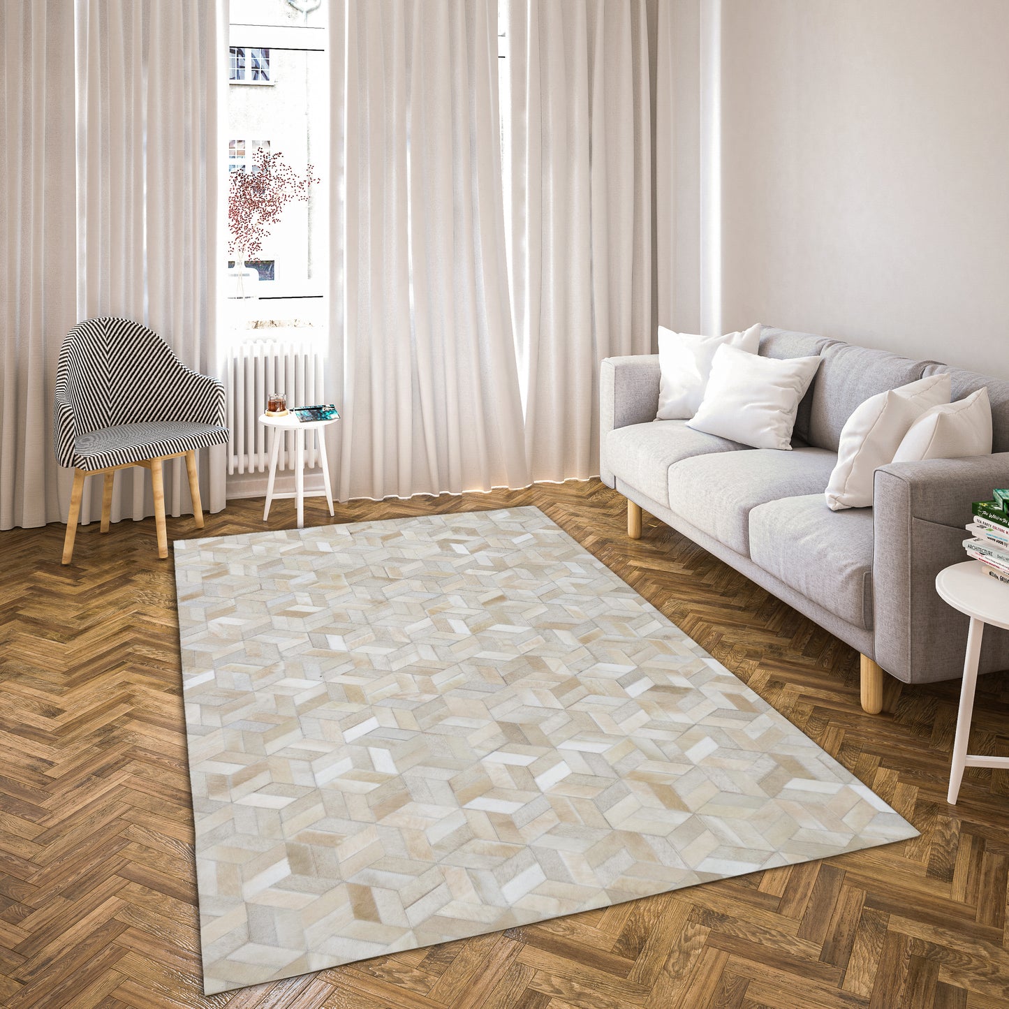 Hand-Stitched Geometric Leather Area Rug 