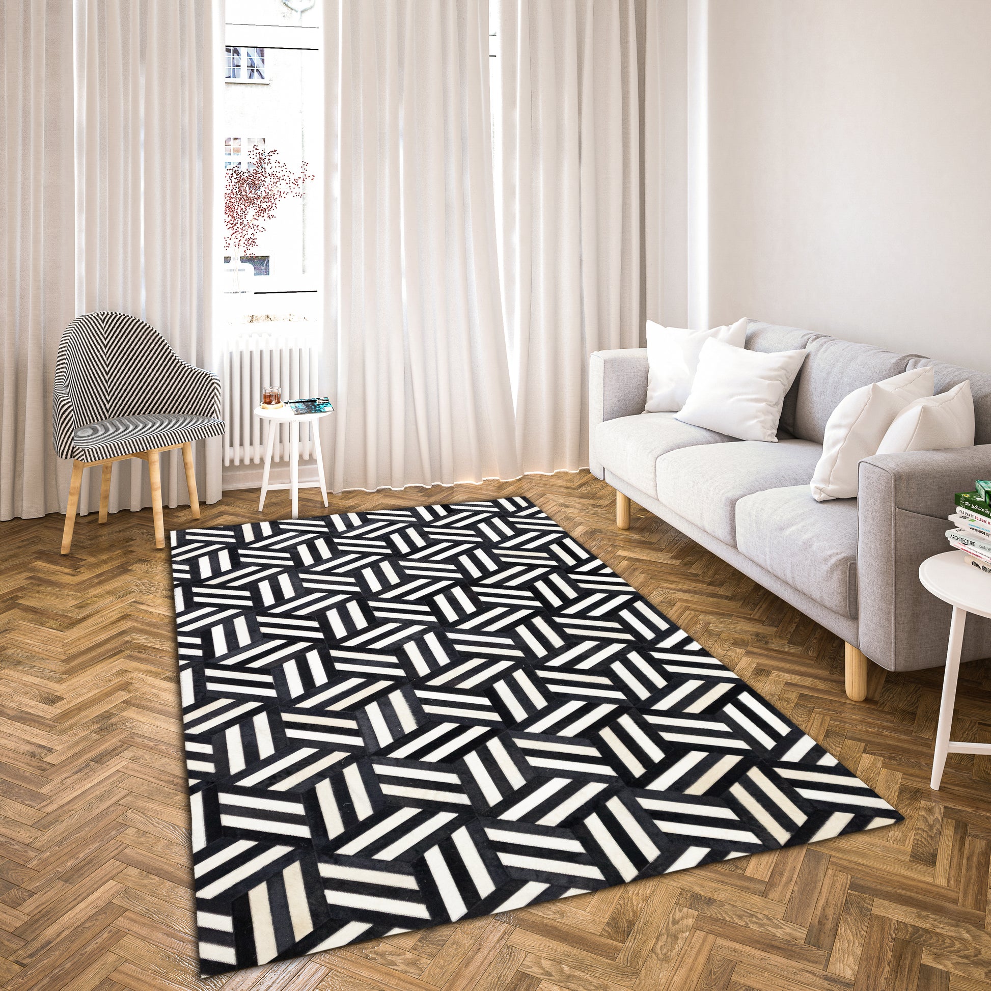 Handmade Black & White Cubed Geometric Leather Area Rug