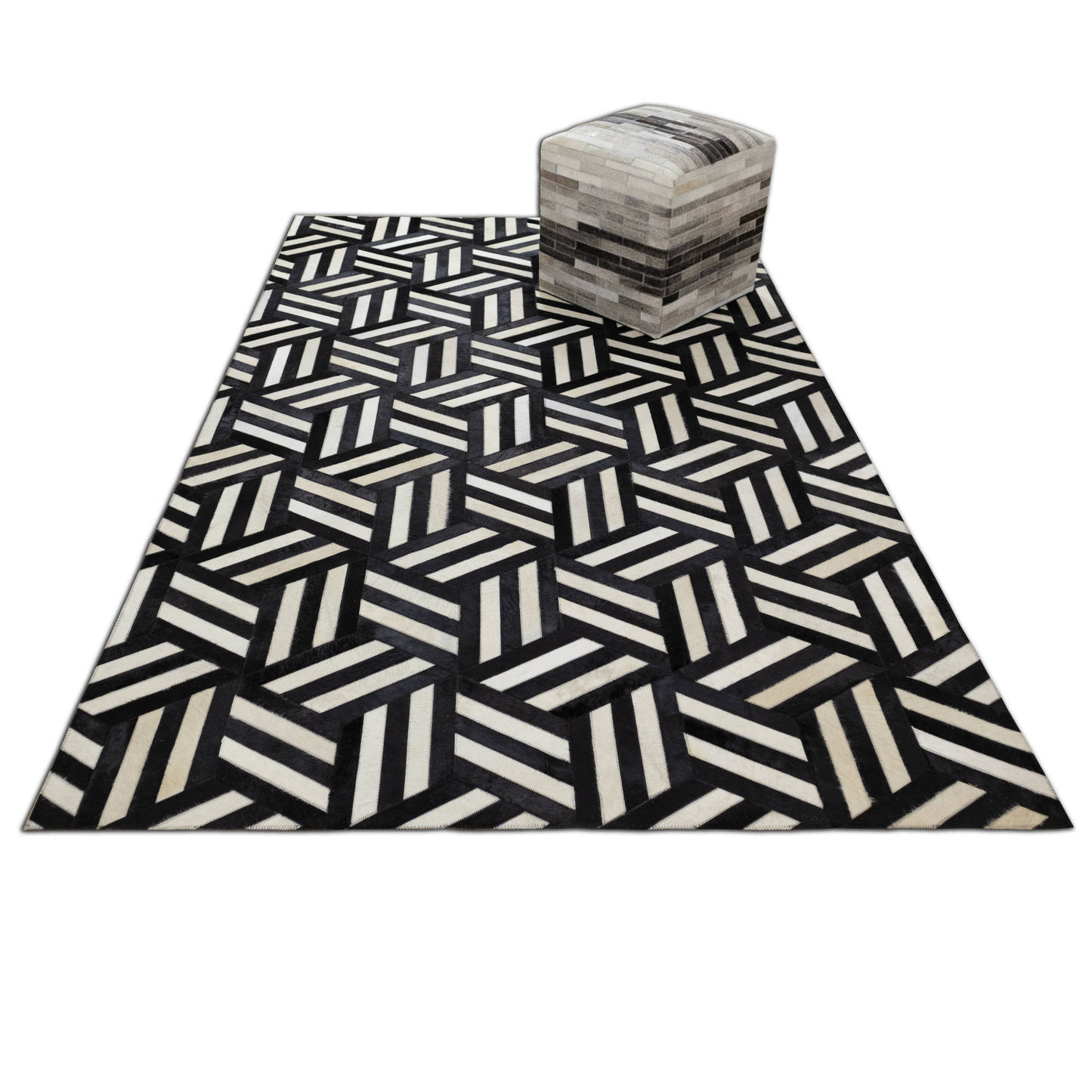 Handmade Black & White Cubed Geometric Leather Area Rug