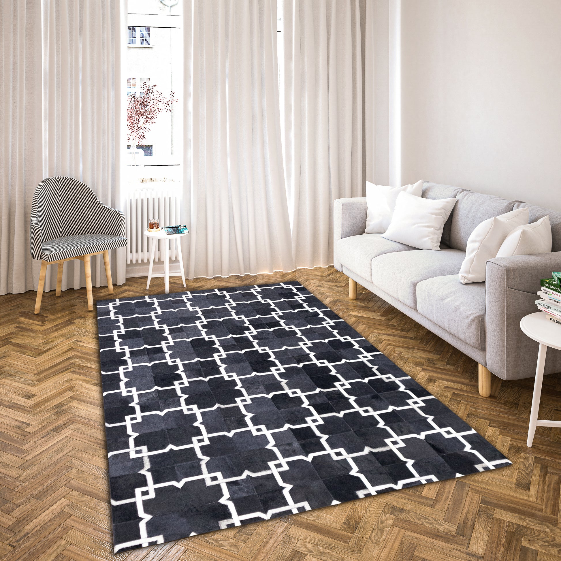 Hand-Woven Black and White Tangled Geometric Leather Area Rug