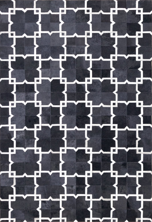 Hand-Woven Black and White Tangled Geometric Leather Area Rug