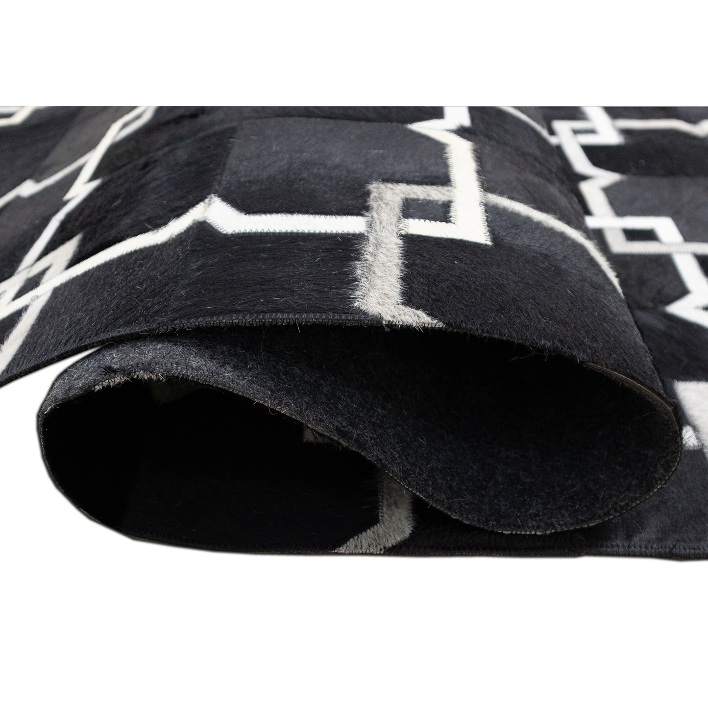 Hand-Woven Black and White Tangled Geometric Leather Area Rug