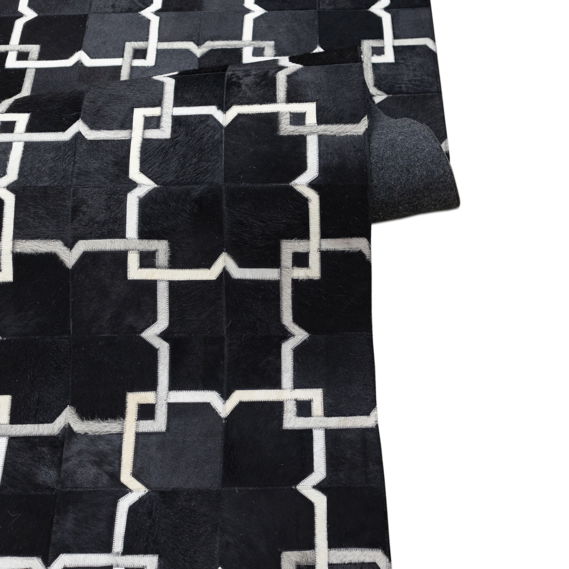 Hand-Woven Black and White Tangled Geometric Leather Area Rug