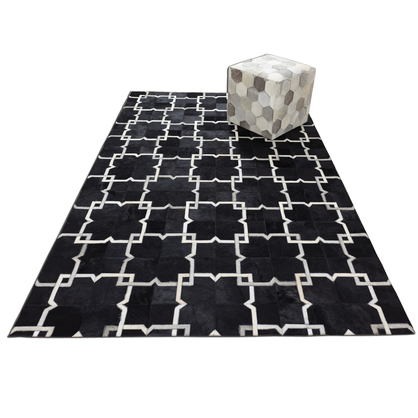 Hand-Woven Black and White Tangled Geometric Leather Area Rug