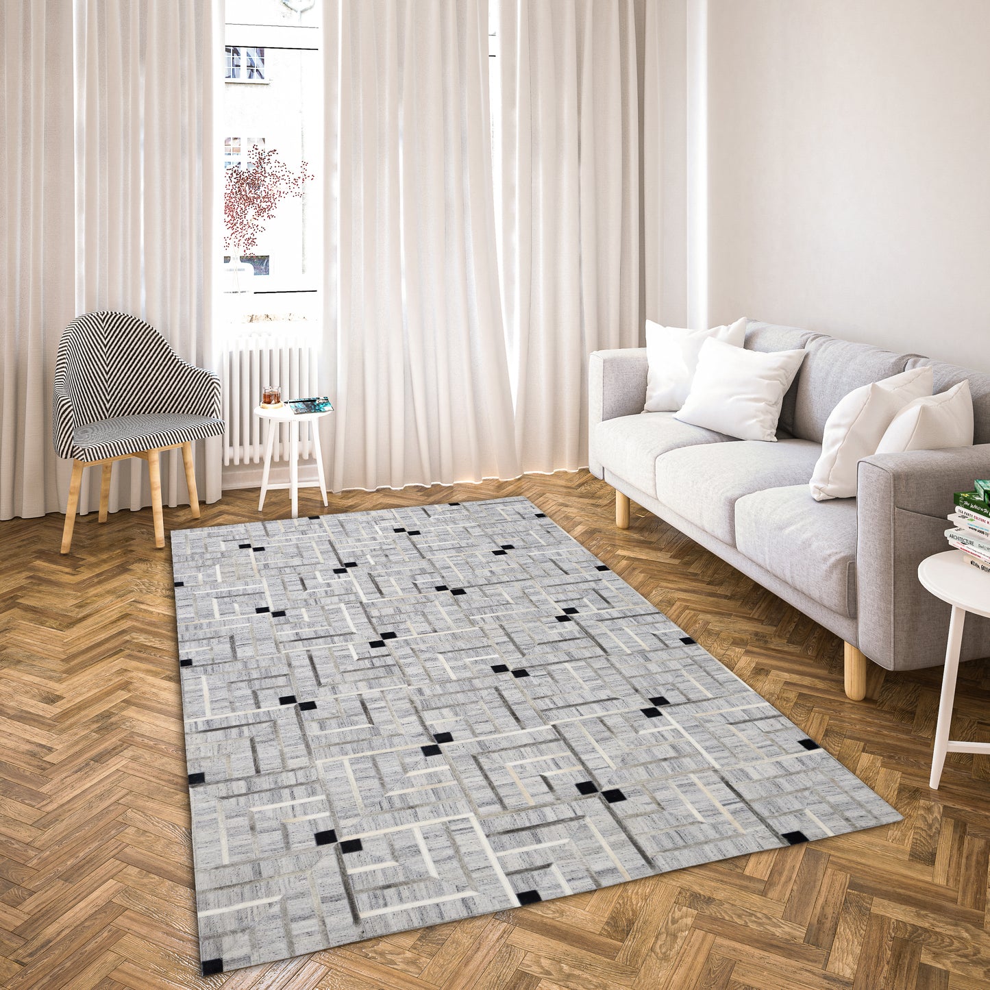 Handmade Grey and Black Abstract Leather Area Rug