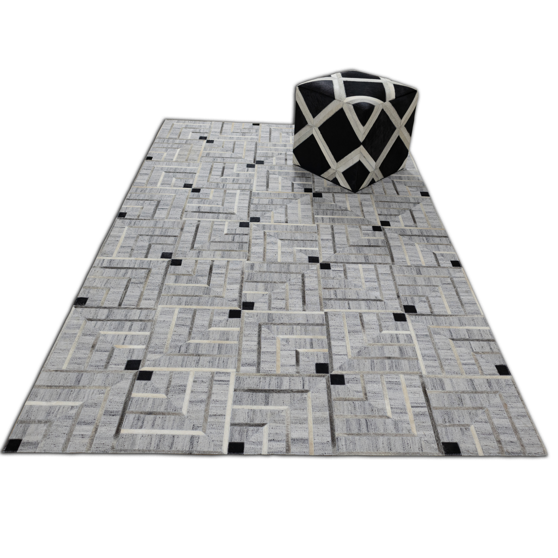 Handmade Grey and Black Abstract Leather Area Rug