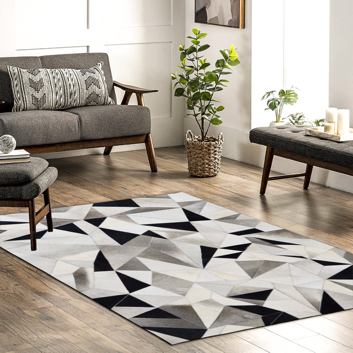 Handmade Grey, Ivory & Black Abstract Geometric Leather Area Rug