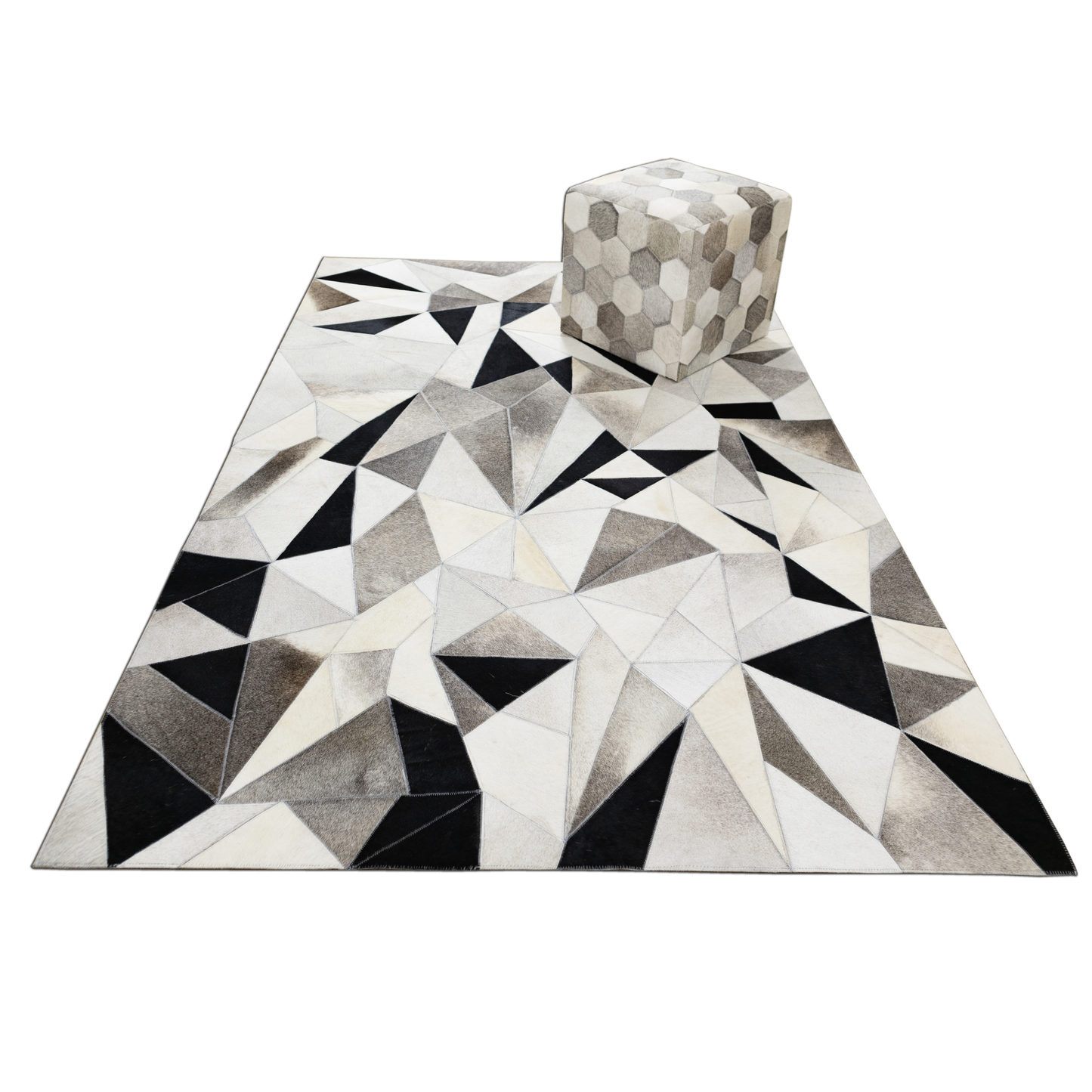 Handmade Grey, Ivory & Black Abstract Geometric Leather Area Rug