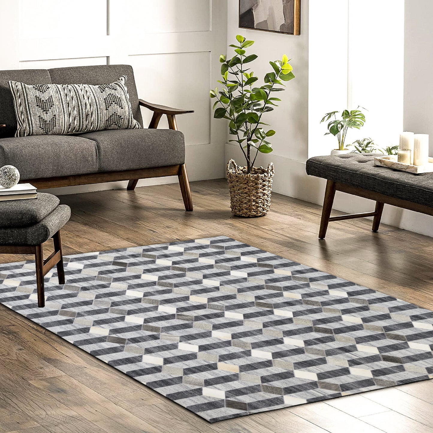 Hand-Stitched Grey and Beige Geometric Cubed Leather Area Rug 