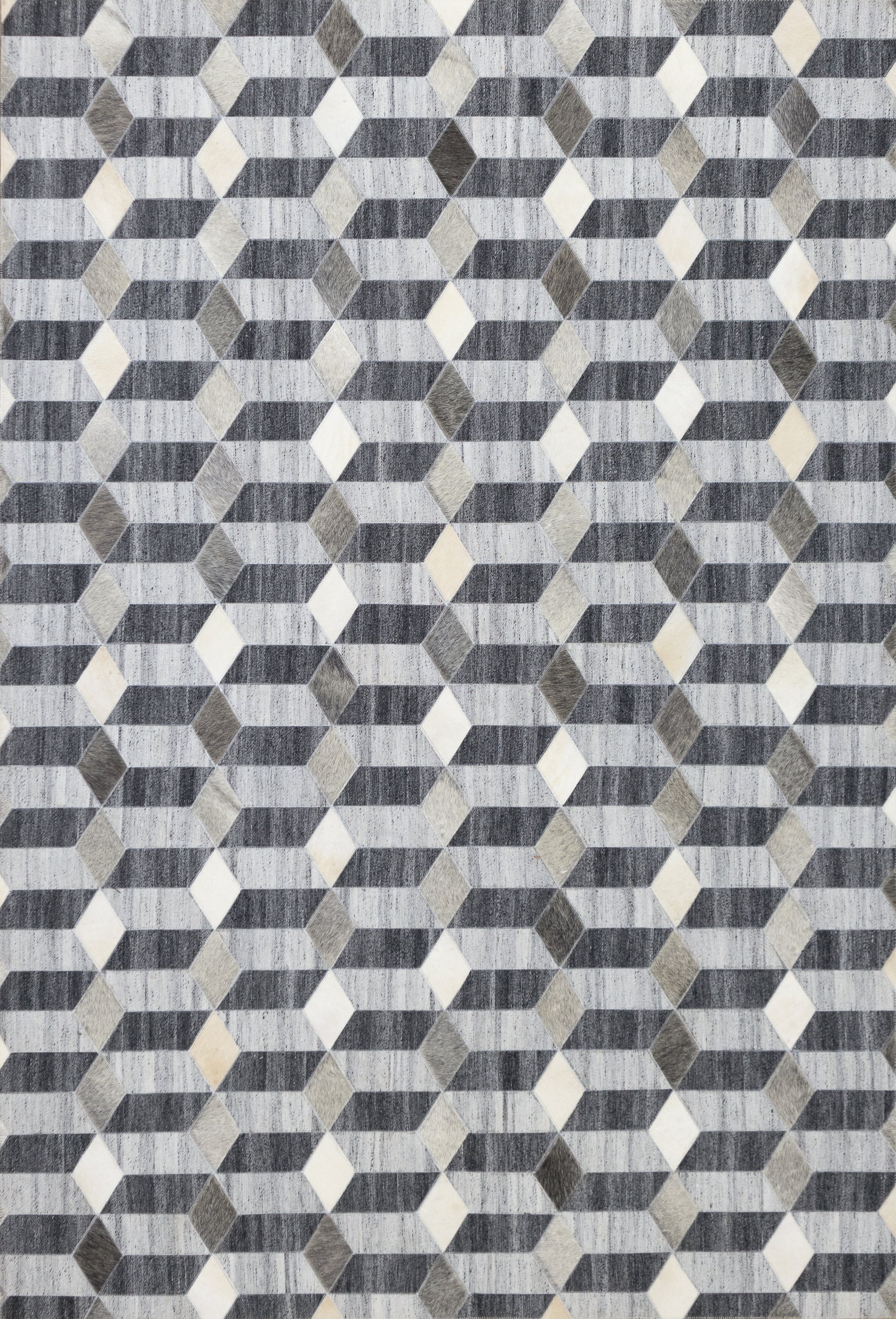 Hand-Stitched Grey and Beige Geometric Cubed Leather Area Rug 