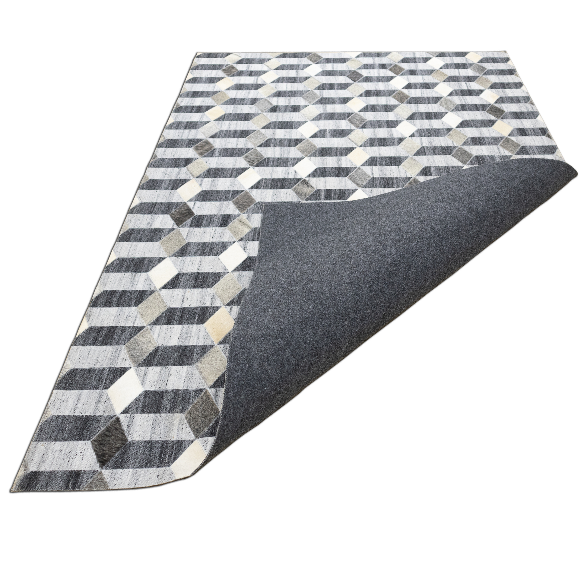 Hand-Stitched Grey and Beige Geometric Cubed Leather Area Rug 