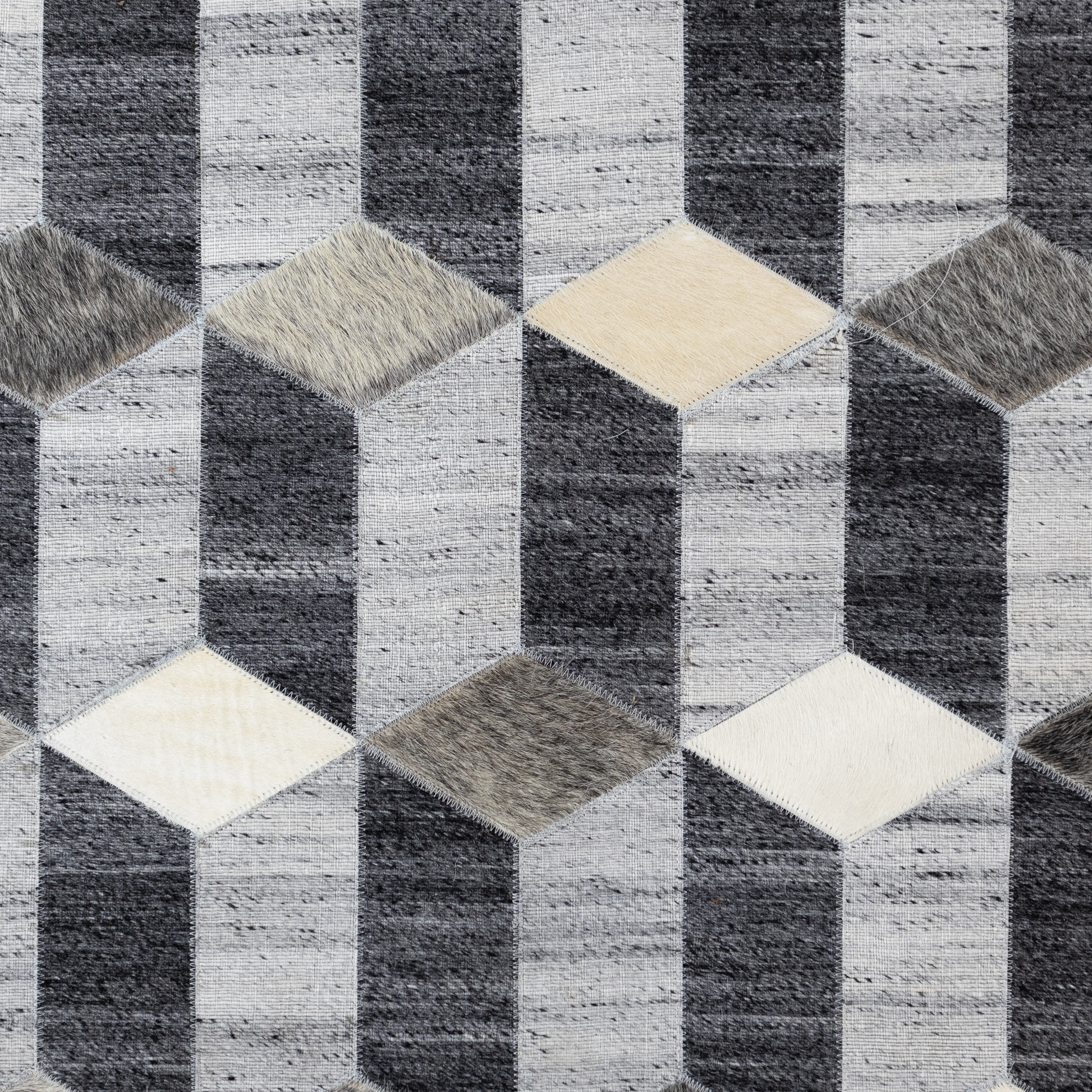 Hand-Stitched Grey and Beige Geometric Cubed Leather Area Rug 