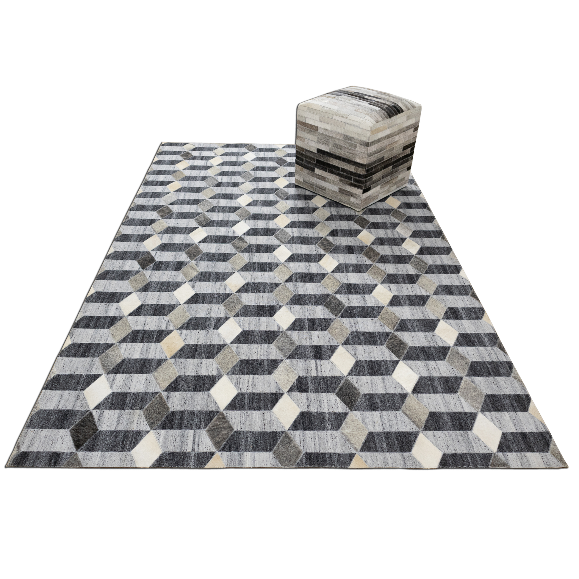 Hand-Stitched Grey and Beige Geometric Cubed Leather Area Rug 