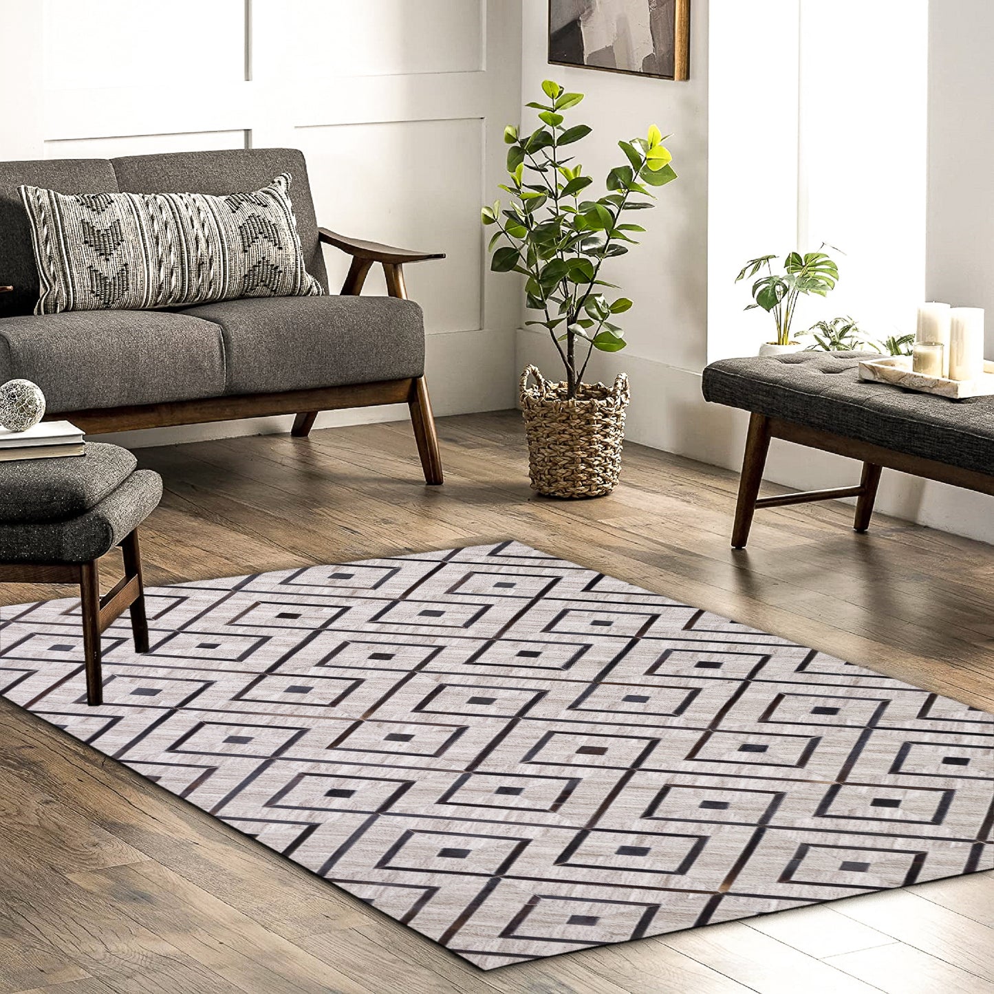 Hand-Stitched Grey Diamond Leather Area Rug