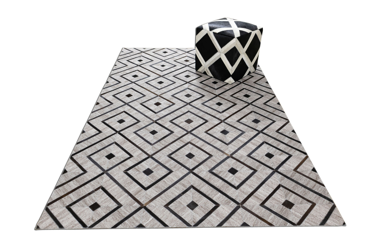 Hand-Stitched Grey Diamond Leather Area Rug 