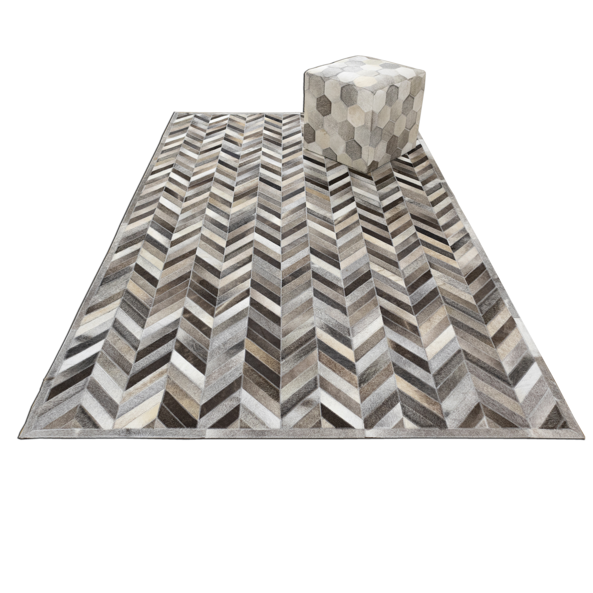 Handmade Ivory and Grey Chevron Leather Area Rug