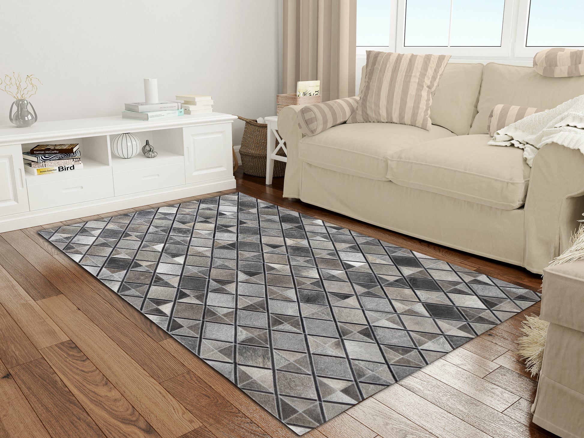 Handmade Grey Diamond Geometric Leather Area Rug