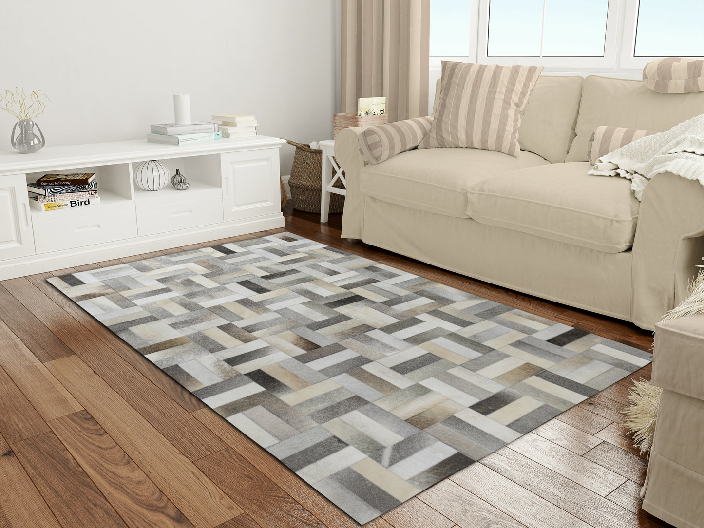 Hand-Stitched Ivory and Grey Geometric Leather Area Rug