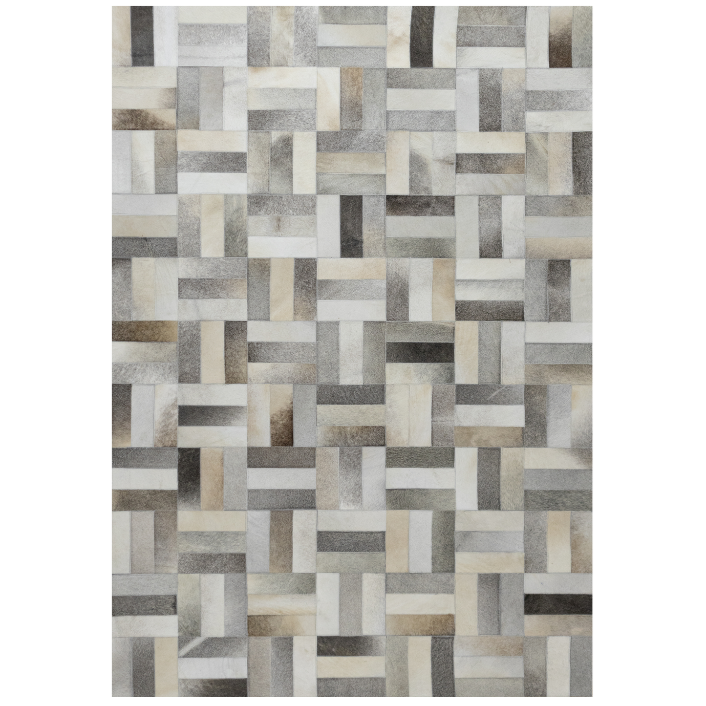 Hand-Stitched Ivory and Grey Geometric Leather Area Rug